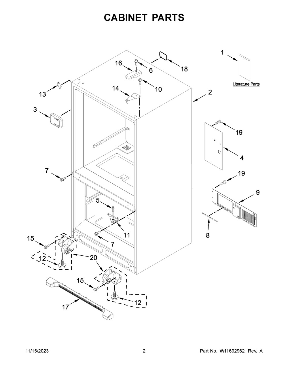 Cabinet Parts Diagram and Parts List for WRB329LFBM05  Whirlpool Refrigerator