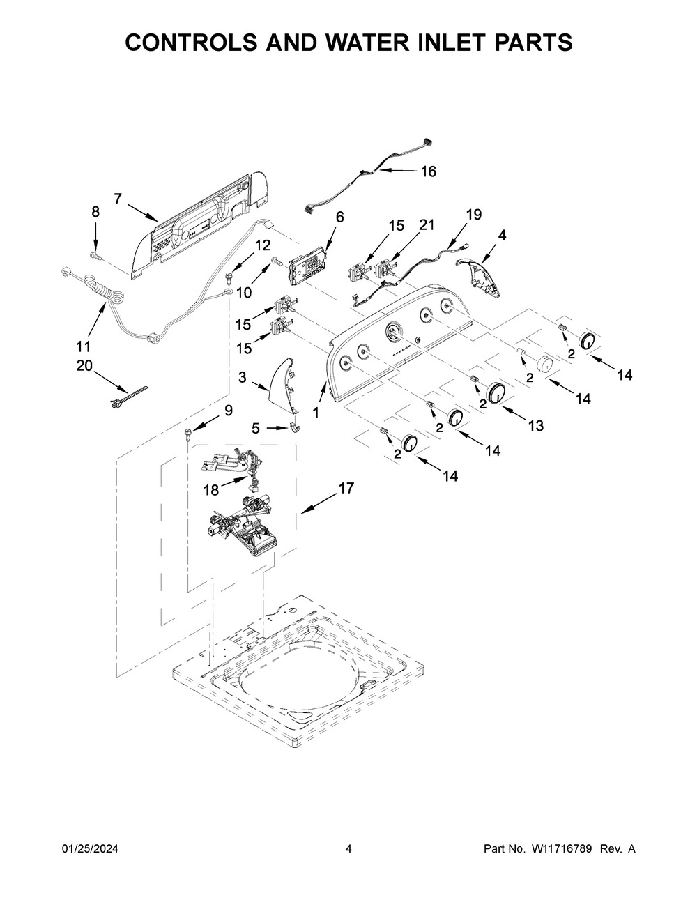 Controls And Water Inlet Parts Diagram and Parts List for 1CWTW4845EW3  Whirlpool Washer