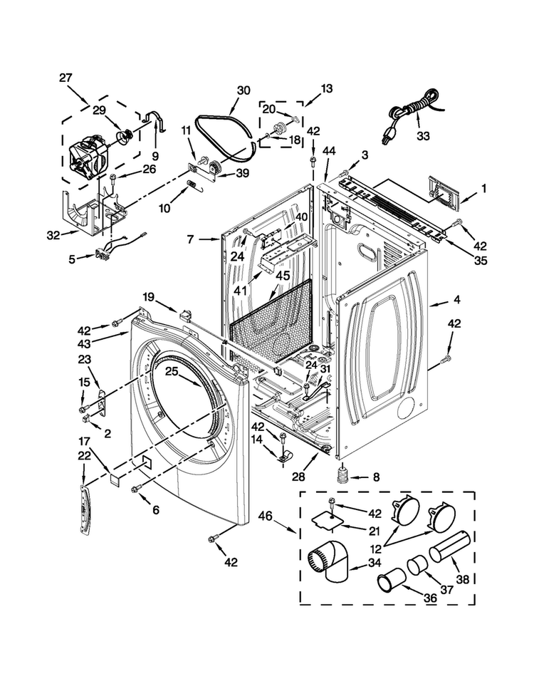 Cabinet Parts Diagram and Parts List for WGD80HEBW1  Whirlpool Dryer