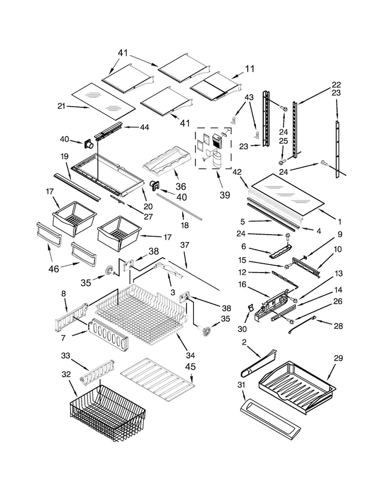Shelf Parts Diagram and Parts List for KBFS22ECBL00  KitchenAid Refrigerator