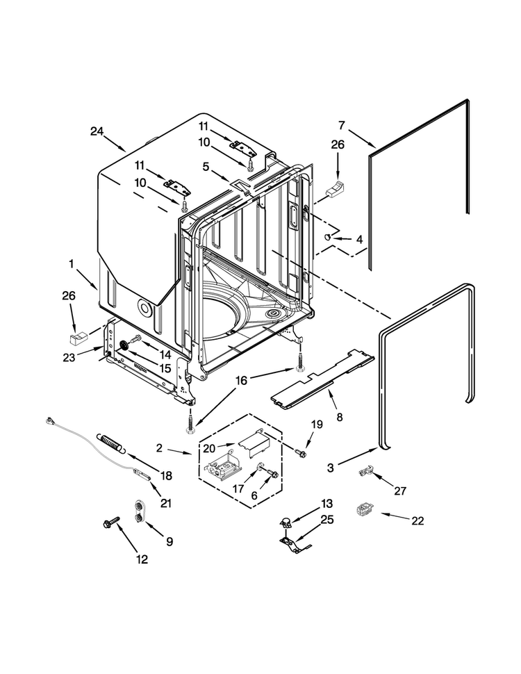 Tub And Frame Parts Diagram and Parts List for GLB14BBANA0  Whirlpool Dishwasher