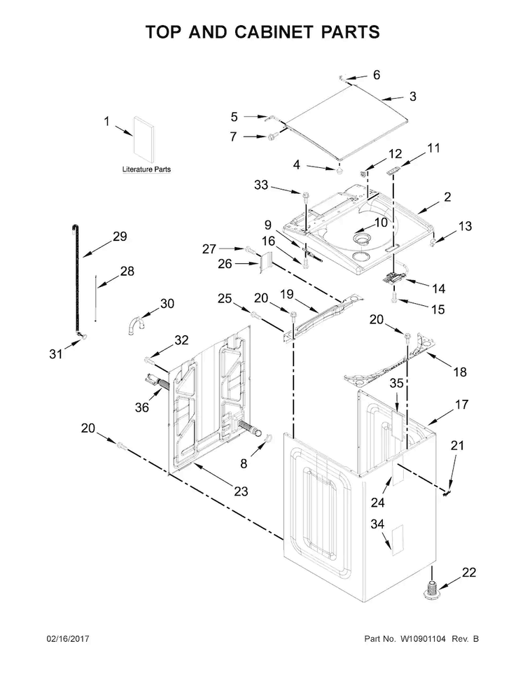 Top And Cabinet Parts Diagram and Parts List for WTW7300DW1  Whirlpool Washer