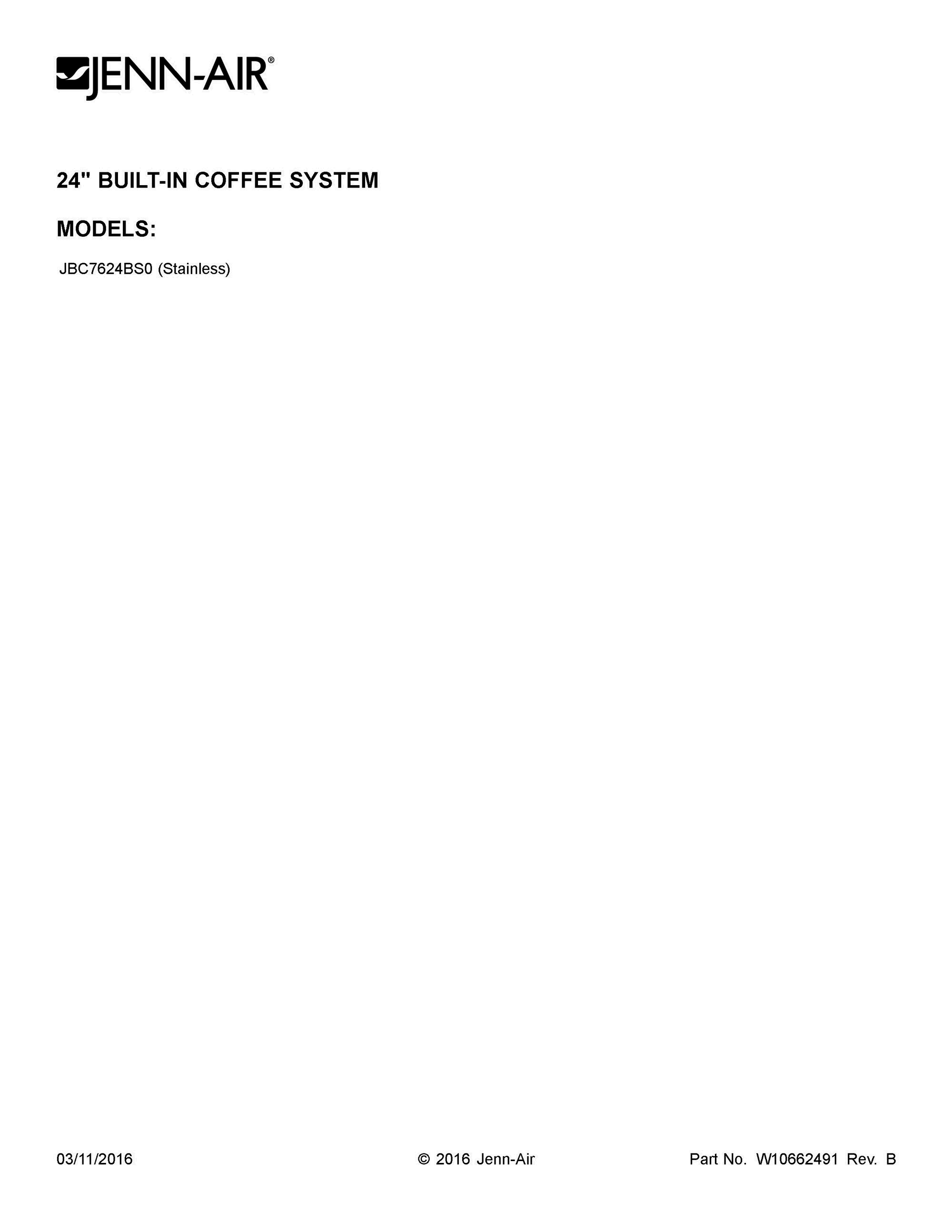 01 - COVER SHEET Diagram and Parts List for JBC7624BS0  Whirlpool Coffee Maker