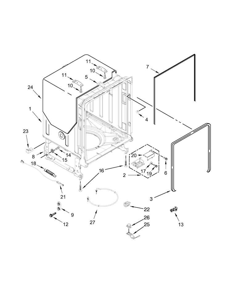 Tub And Frame Parts Diagram and Parts List for KDTE104ESS1  KitchenAid Dishwasher