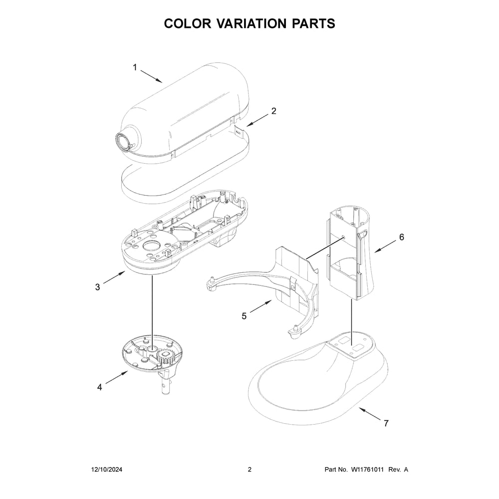 Color Variation Parts Diagram and Parts List for 5KSM60SPXPWH0  KitchenAid Mixer