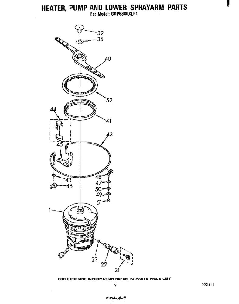 Heater, Pump And Lower Sprayarm Diagram and Parts List for GDP6880XLP1  Whirlpool Dishwasher