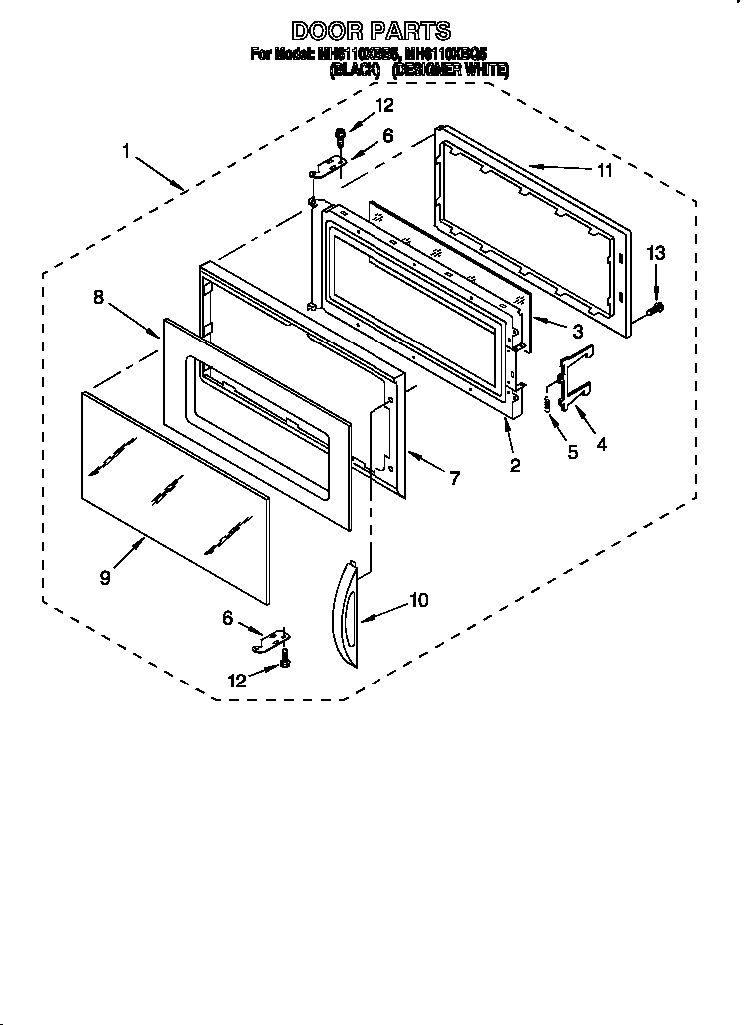 Door Diagram and Parts List for 4361  Whirlpool Microwave