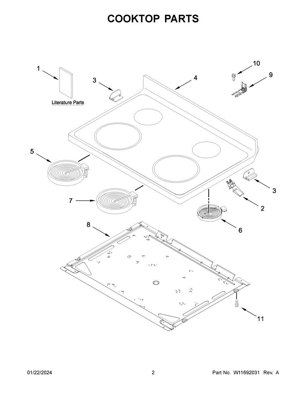 Cooktop Parts Diagram and Parts List for WFE320M0JB4  Whirlpool Range