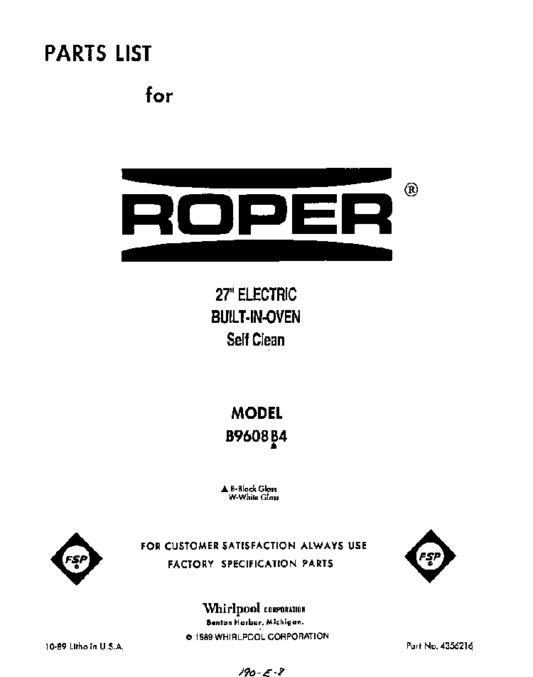 Front Cover Diagram and Parts List for B9608*4  Roper Range