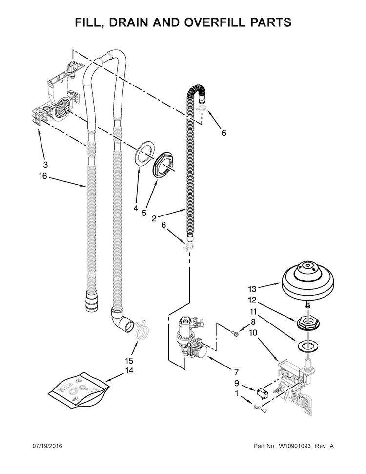 Fill, Drain And Overfill Parts Diagram and Parts List for KDTE204EBL2  KitchenAid Dishwasher