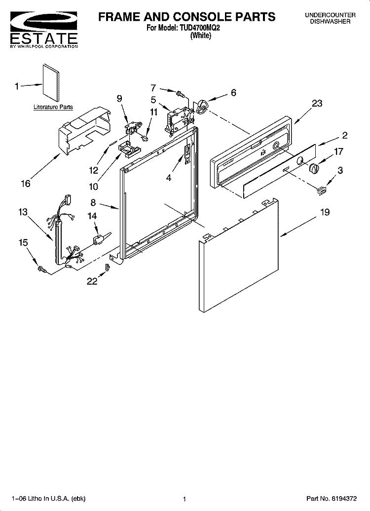 FRAME AND CONSOLE PARTS Diagram and Parts List for TUD4700MQ2  Estate Dishwasher