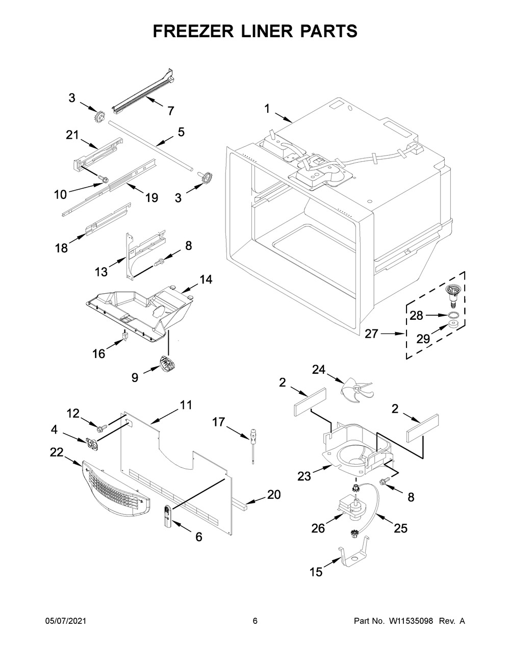 Freezer Liner Parts Diagram and Parts List for WRB329LFBM03  Whirlpool Refrigerator