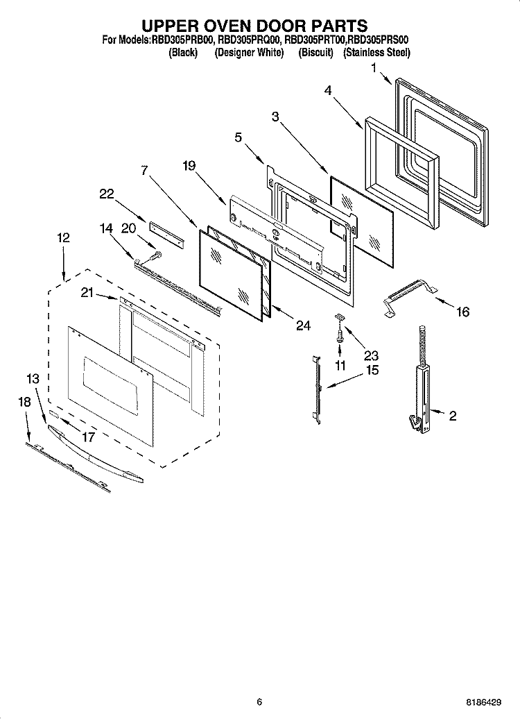 UPPER OVEN DOOR PARTS Diagram and Parts List for RBD305PRQ00  Whirlpool Wall Oven