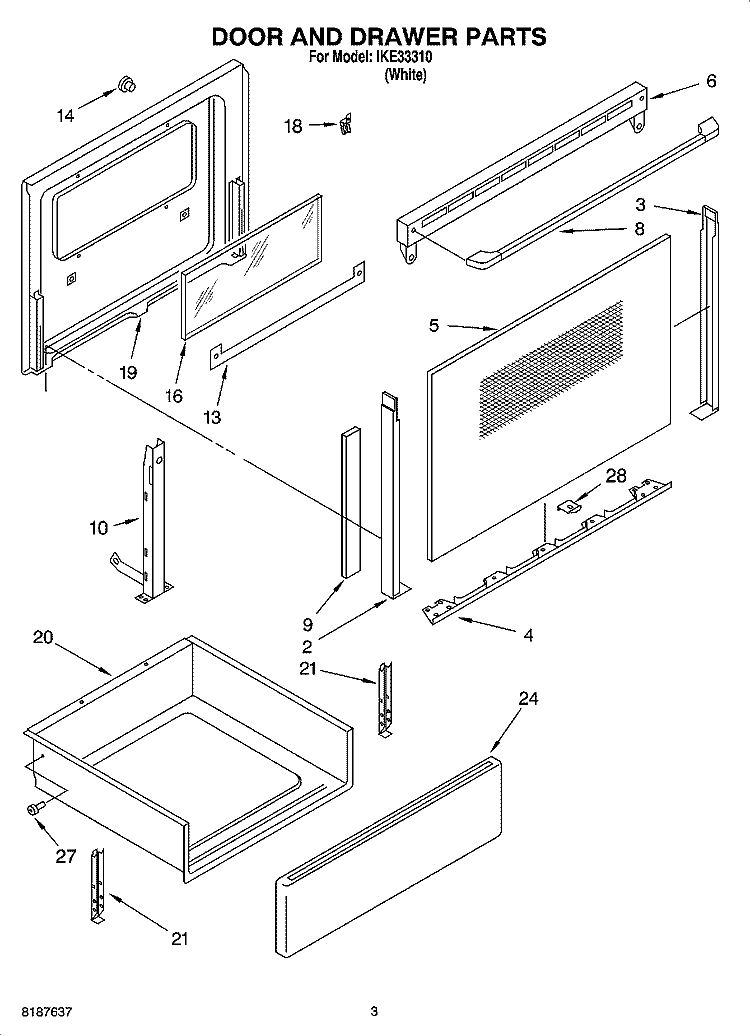 DOOR AND DRAWER PARTS Diagram and Parts List for IKE33310  Inglis Range