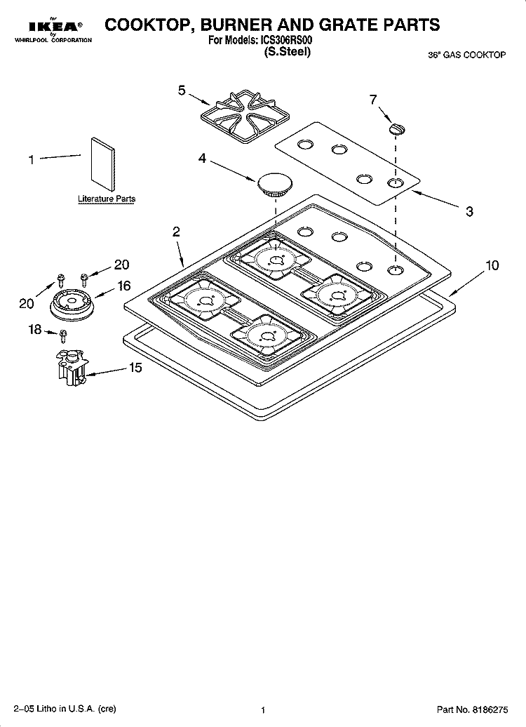 COOKTOP, BURNER AND GRATE PARTS Diagram and Parts List for ICS306RS00  Whirlpool Cooktop