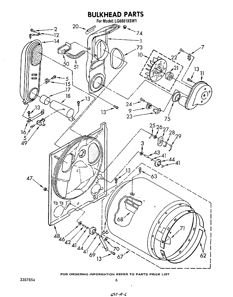 BULKHEAD Diagram and Parts List for LG6881XSW1  Whirlpool Dryer