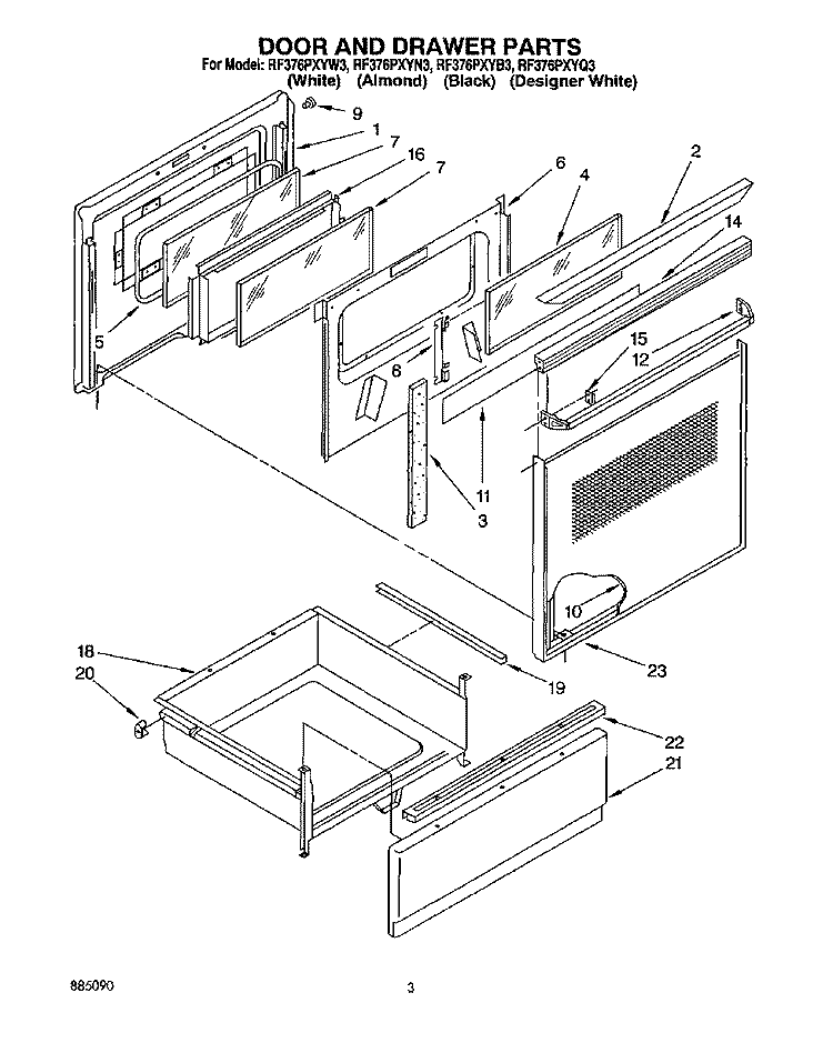 DOOR AND DRAWER Diagram and Parts List for RF376PXYW3  Whirlpool Range