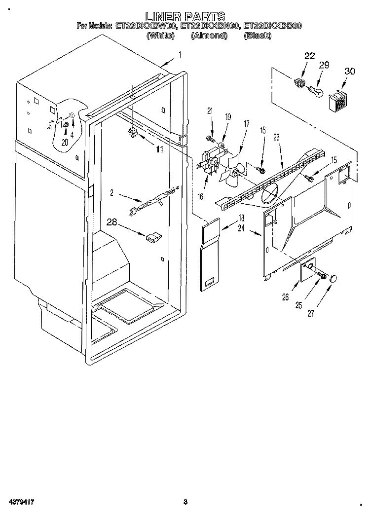 LINER Diagram and Parts List for ET22DKXBN00  Whirlpool Refrigerator