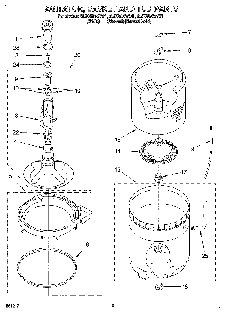 AGITATOR, BASKET AND TUB Diagram and Parts List for 8LSC8245AW1  Whirlpool Washer