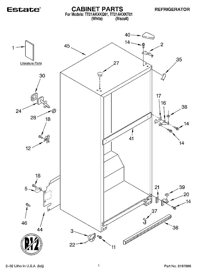 CABINET, LITERATURE Diagram and Parts List for TT21AKXKQ01  Estate Refrigerator