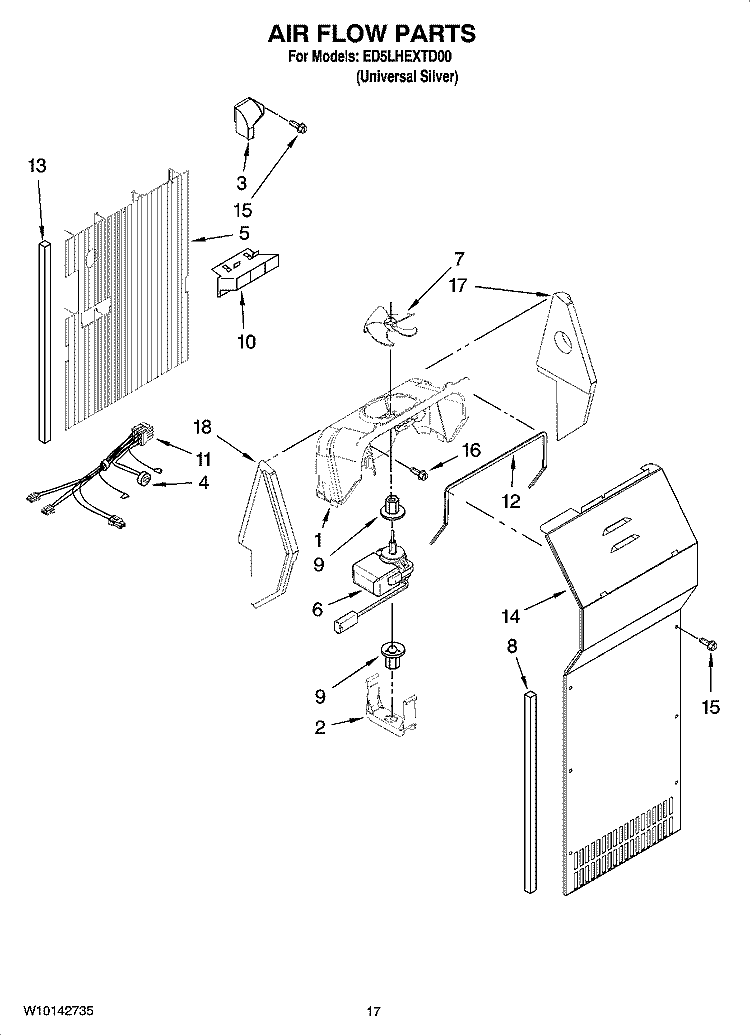 AIR FLOW PARTS Diagram and Parts List for ED5LHEXTD00  Whirlpool Refrigerator