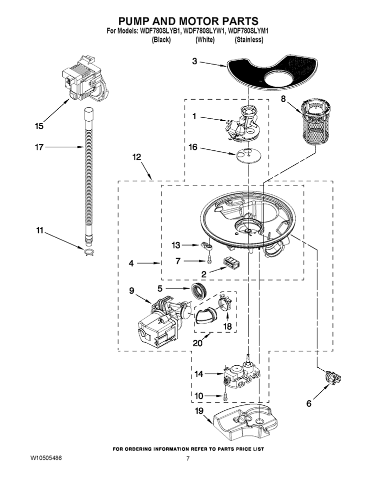 PUMP AND MOTOR PARTS Diagram and Parts List for WDF780SLYB1  Whirlpool Dishwasher