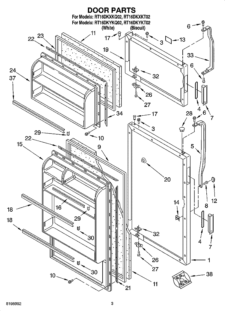 DOOR PARTS Diagram and Parts List for RT16DKXKT02  Roper Refrigerator