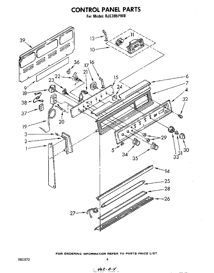 CONTROL PANEL Diagram and Parts List for RJE395PW0  Whirlpool Range