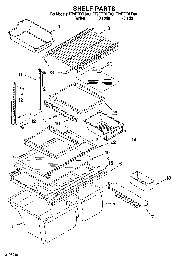 SHELF Diagram and Parts List for ET9FTTXLB00  Whirlpool Refrigerator