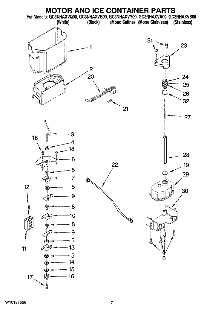 MOTOR AND ICE CONTAINER PARTS Diagram and Parts List for GC3NHAXVA00  Whirlpool Refrigerator