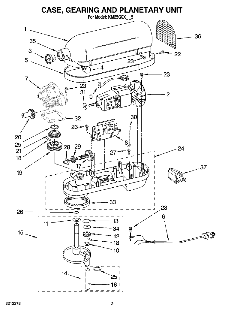 CASE, GEARING AND PLANETARY UNIT Diagram and Parts List for KM25G0XWH5  KitchenAid Mixer