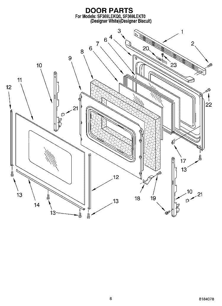 DOOR, OPTIONAL Diagram and Parts List for SF369LEKQ0  Whirlpool Range