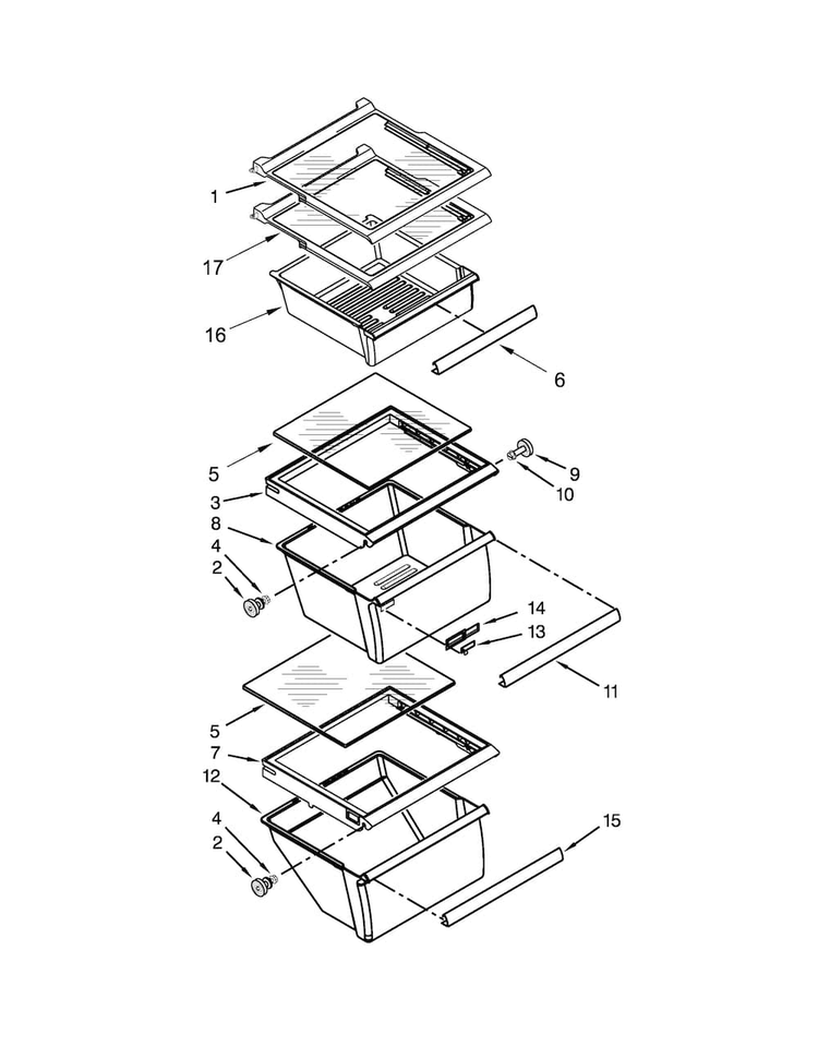 Refrigerator Shelf Parts Diagram and Parts List for WRS322FNAE01  Whirlpool Refrigerator