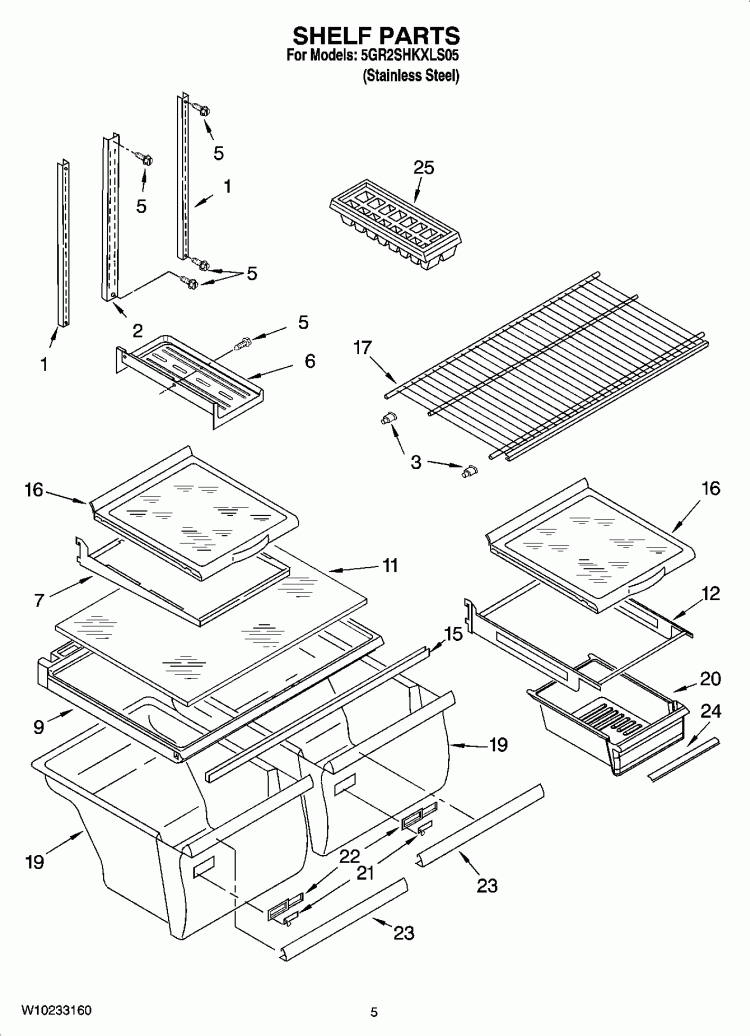 SHELF PARTS Diagram and Parts List for 5GR2SHKXLS05  Whirlpool Refrigerator