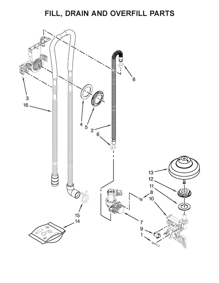 Fill, Drain And Overfill Parts Diagram and Parts List for KDTE204EBL4  KitchenAid Dishwasher
