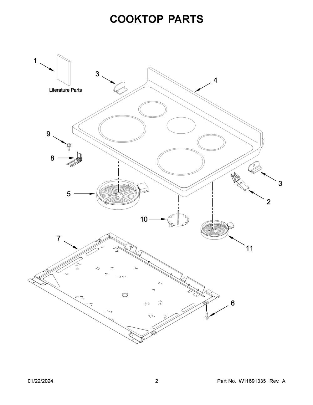 Cooktop Parts Diagram and Parts List for WFE550S0LW3  Whirlpool Range
