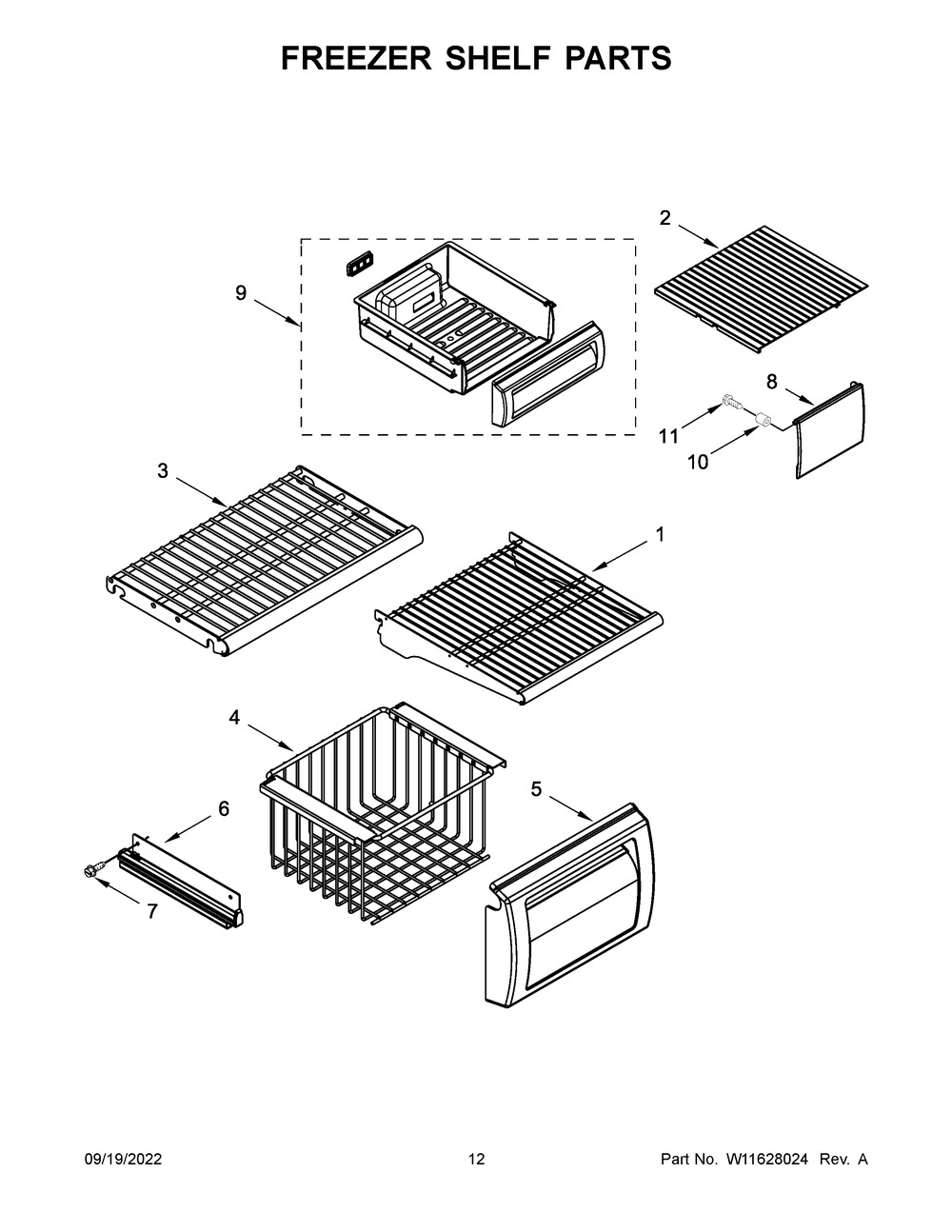 Freezer Shelf Parts Diagram and Parts List for KBSN702MBS00  KitchenAid Refrigerator