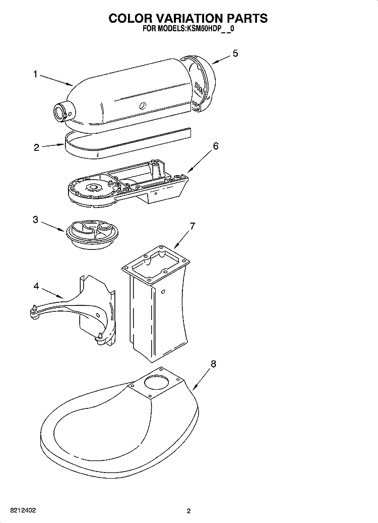 COLOR VARIATION PARTS Diagram and Parts List for KSM50HDPBK0  KitchenAid Mixer