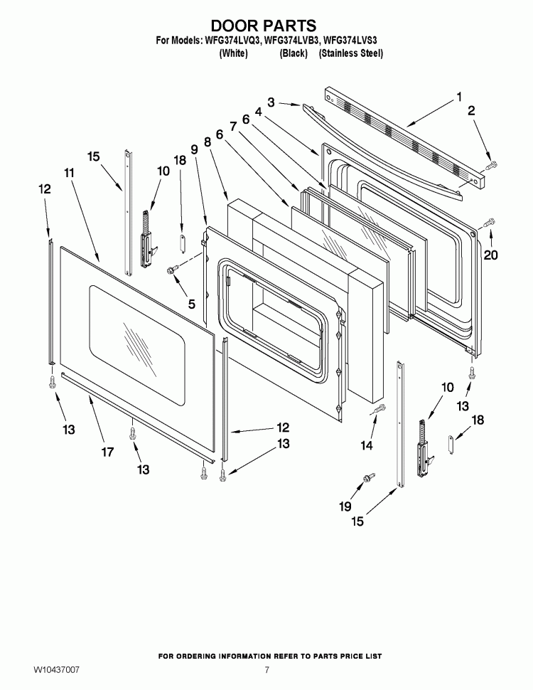 DOOR PARTS Diagram and Parts List for WFG374LVB3  Whirlpool Range