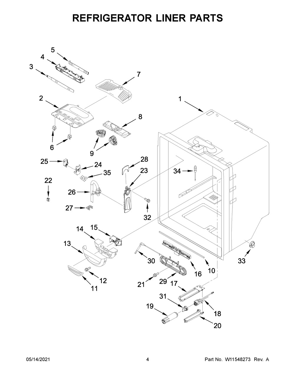 Refrigerator Liner Parts Diagram and Parts List for KRFF305ESS06  Whirlpool Refrigerator