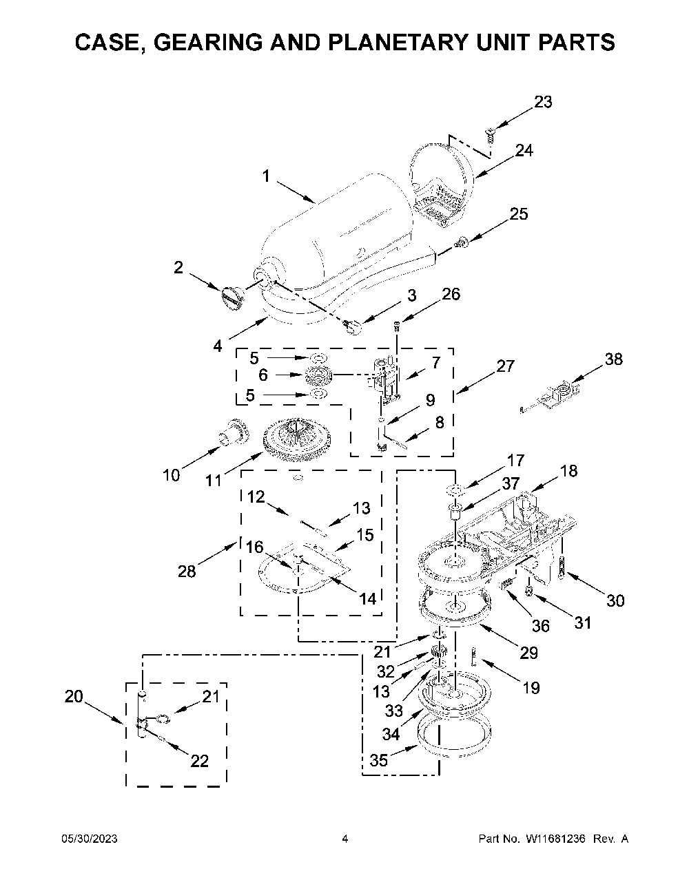 Case, Gearing And Planetary Unit Parts Diagram and Parts List for 5K45SSSSWH0  KitchenAid Mixer