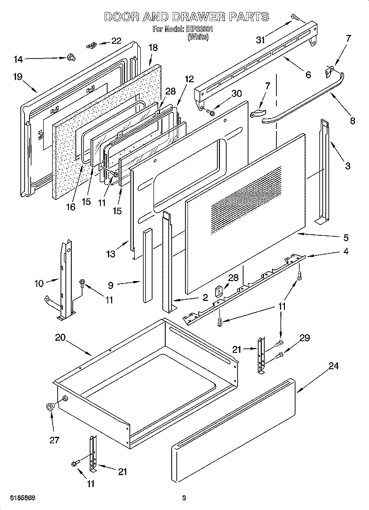 DOOR AND DRAWER PARTS Diagram and Parts List for IHP33801  Inglis Range