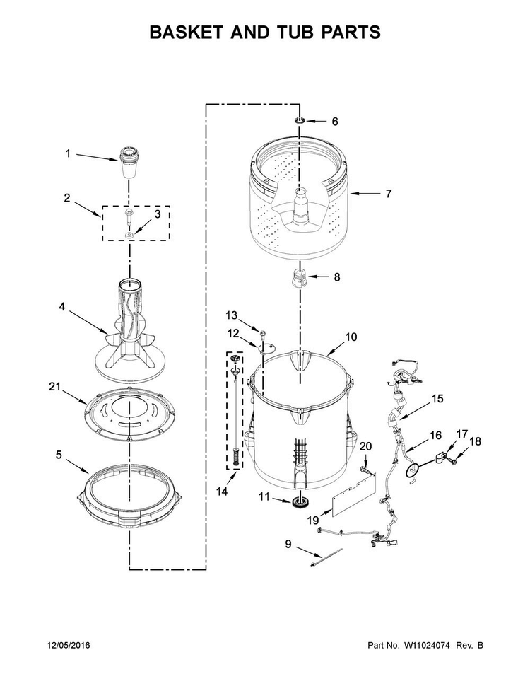 Basket And Tub Parts Diagram and Parts List for 4KWTW4705FW0  Whirlpool Washer