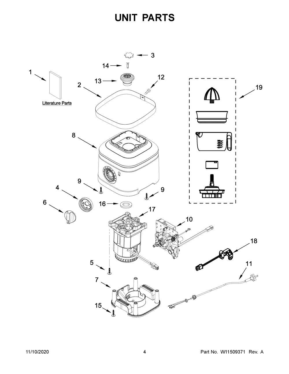 Unit Parts Diagram and Parts List for 5KSB4054BBK0  Whirlpool Blender
