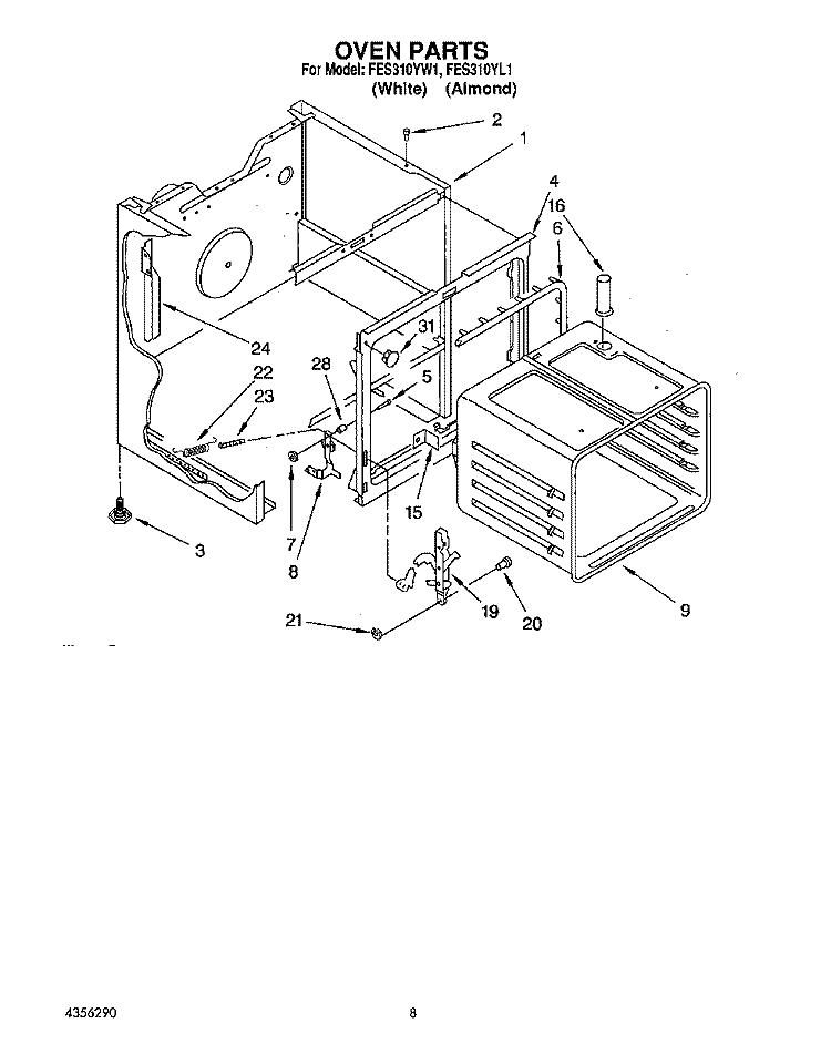 OVEN Diagram and Parts List for FES310YL1  Whirlpool Range