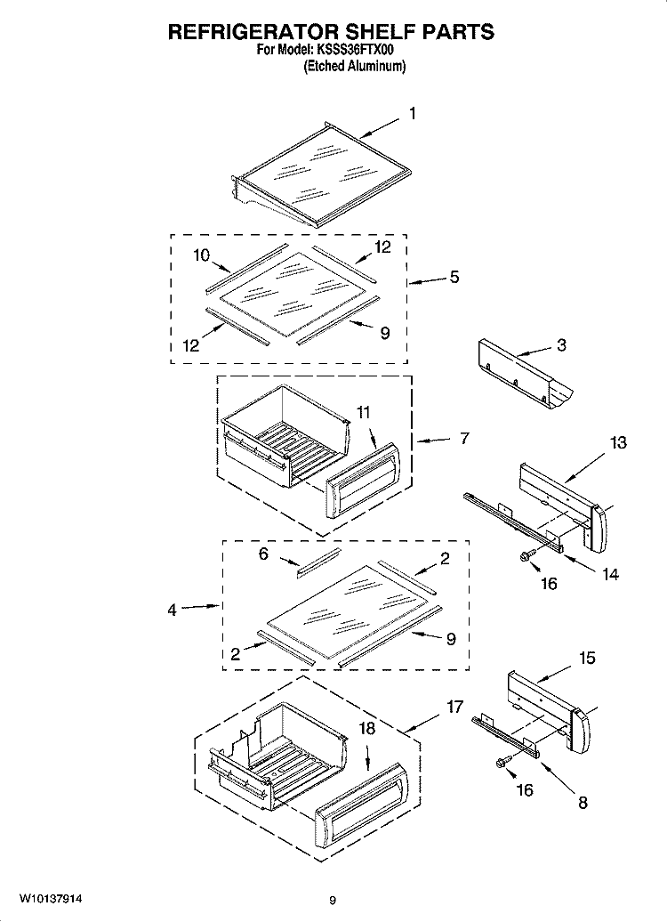 REFRIGERATOR SHELF PARTS Diagram and Parts List for KSSS36FTX00  KitchenAid Refrigerator