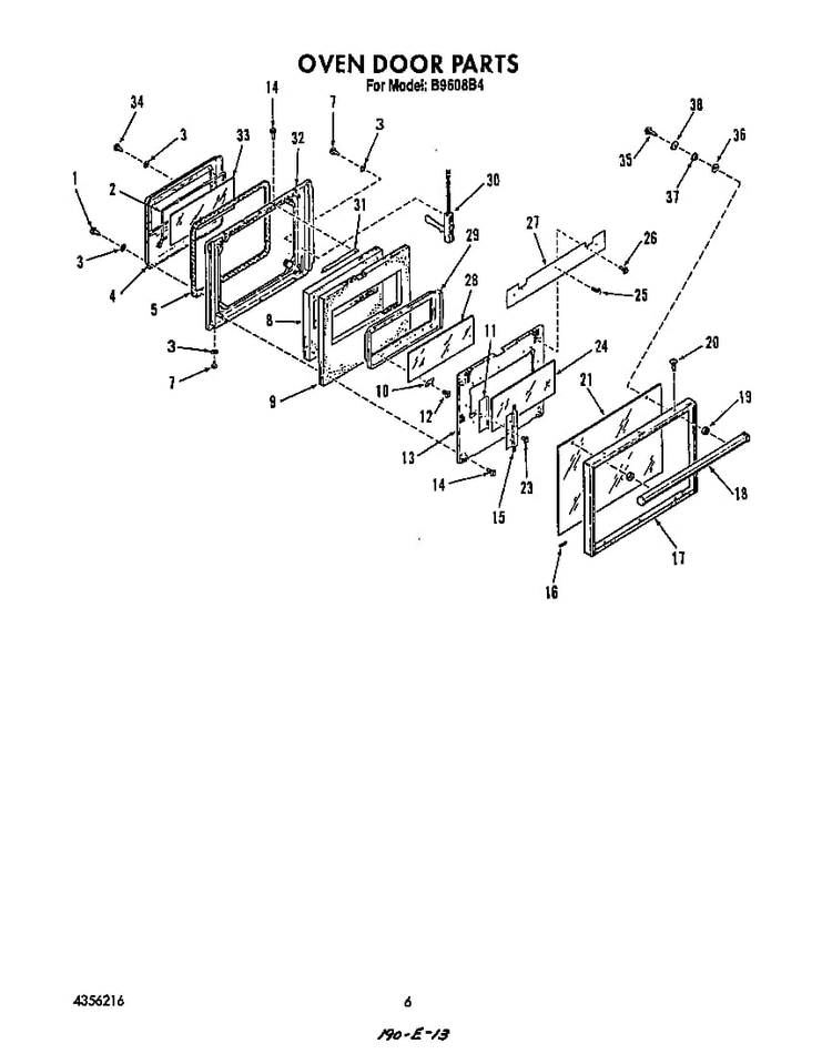 Oven Door Diagram and Parts List for B9608*4  Roper Range