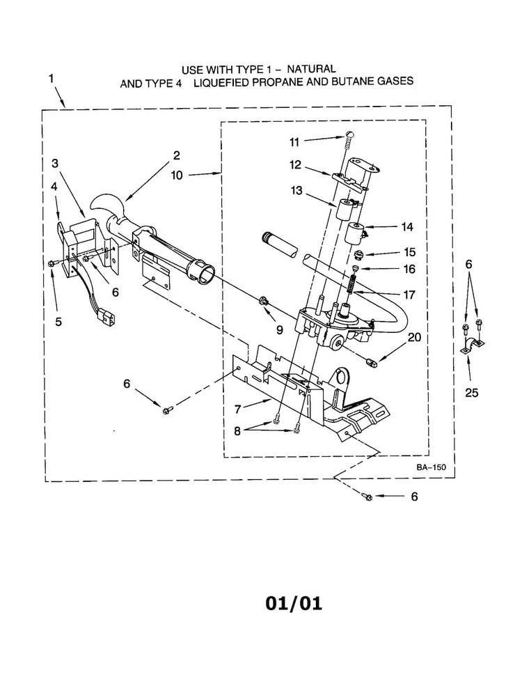 Burner Assembly Diagram and Parts List for LGR3624JQ2  Whirlpool Dryer