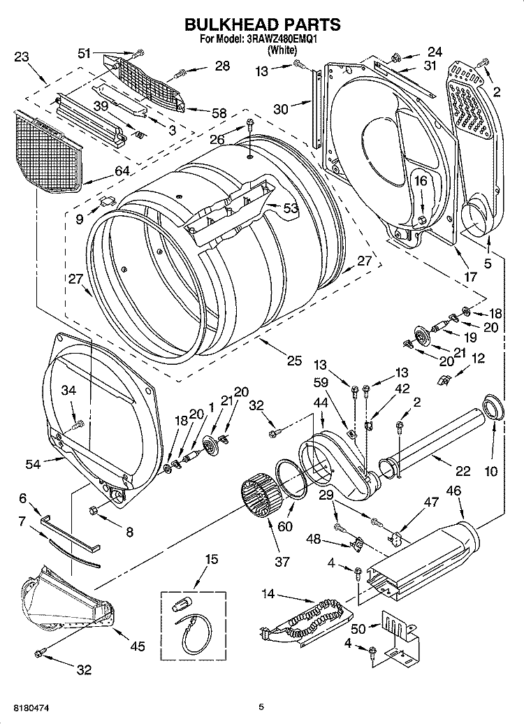BULKHEAD PARTS Diagram and Parts List for 3RAWZ480EMQ1  Whirlpool Dryer