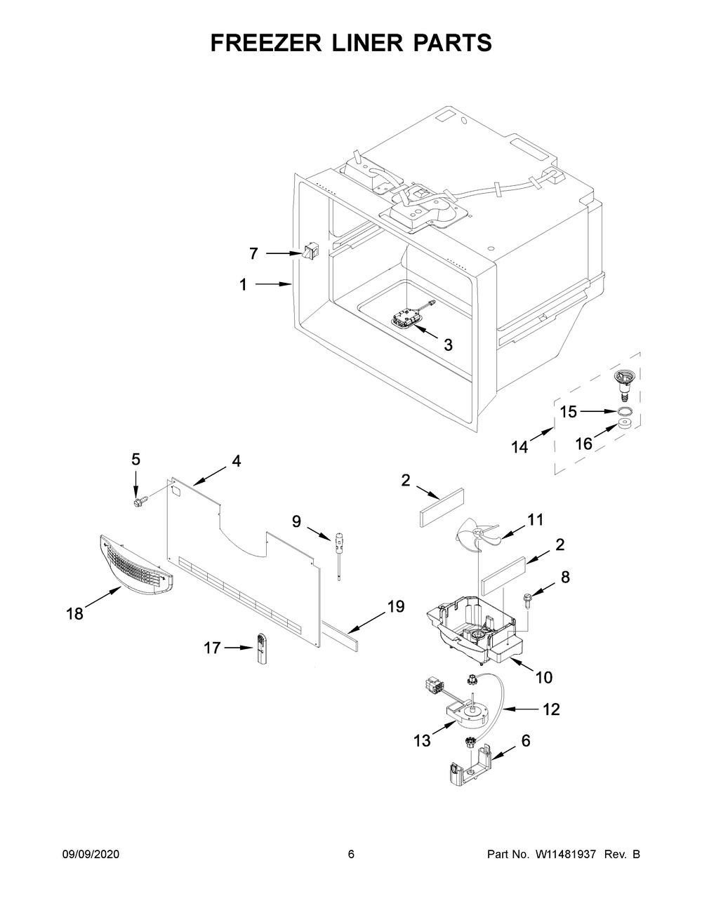Freezer Liner Parts Diagram and Parts List for KRMF706EBS04  Whirlpool Refrigerator